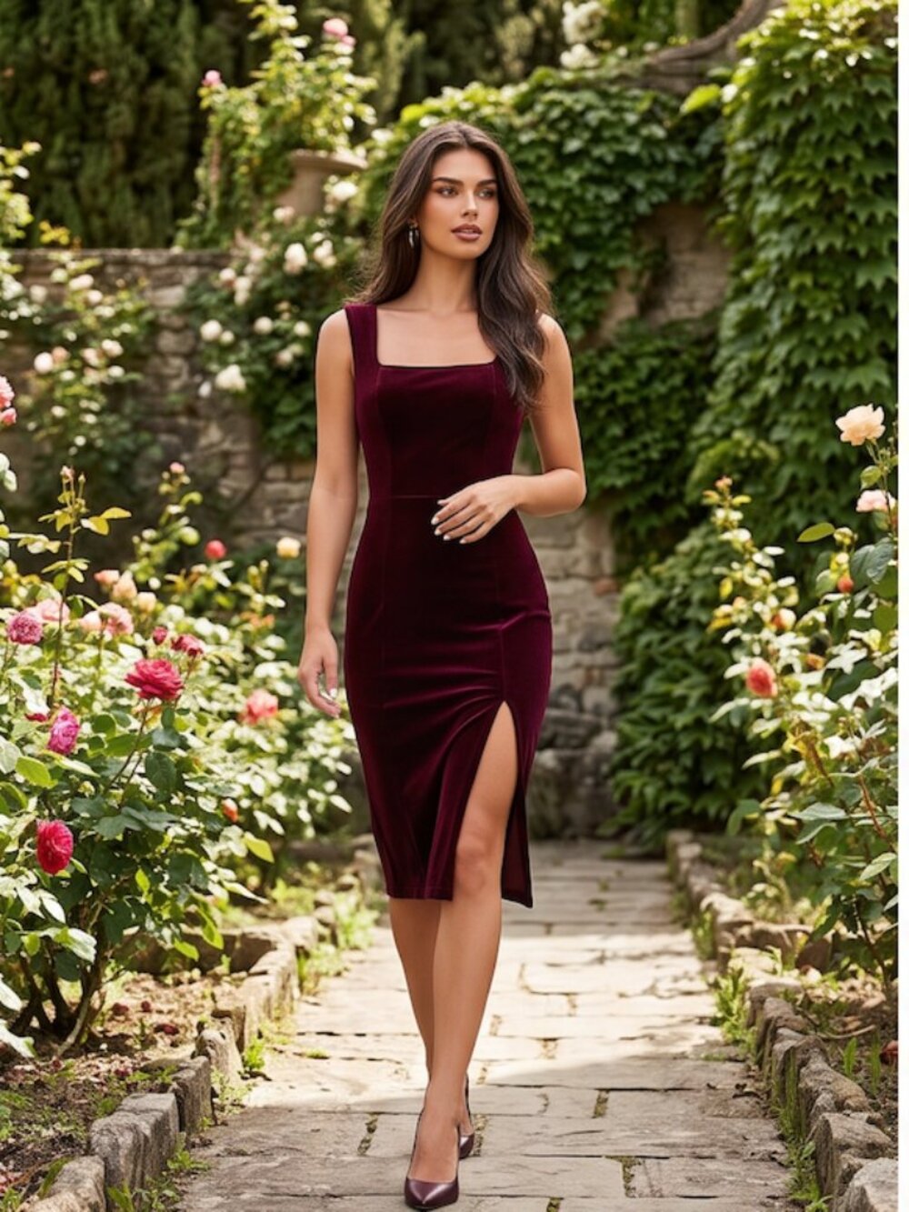 Maroon Square Neck Velvet Midi Dress – Sleeveless Side Slit Bodycon Dress